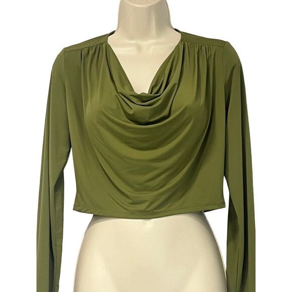 Open Edit Cowl Neck Long Sleeve Crop Top, Olive Sphagnum, XS - Picture 3 of 10